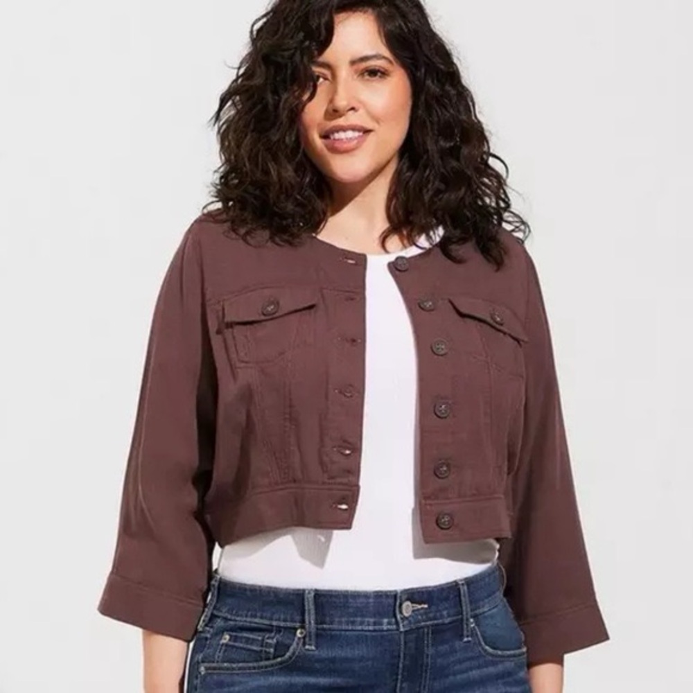 Torrid Brown Cropped Utility Jacket Size 1 Button Front 3/4‎ Sleeve